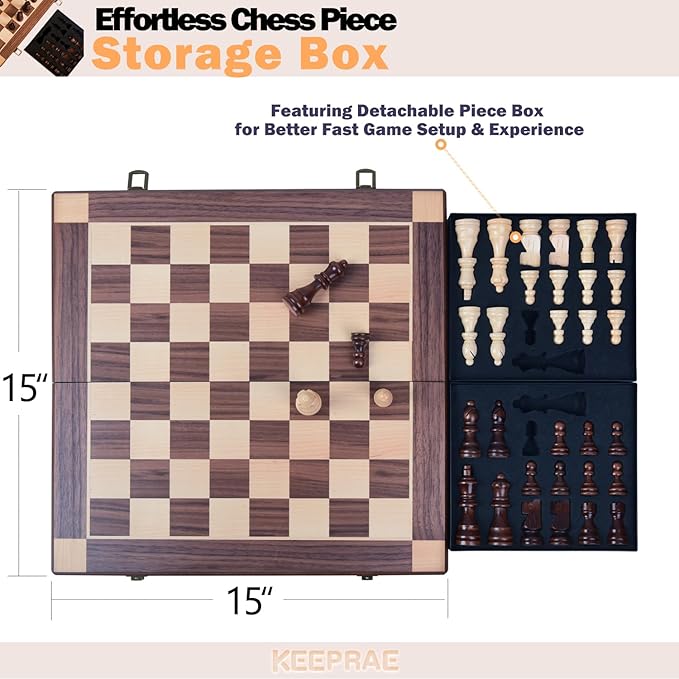 15” Magnetic Wooden Chess Set with Removable Chess Piece Case, KEEPRAE Folding Travel Chess Board Game for Adults & Kids, Tournament & Beginner