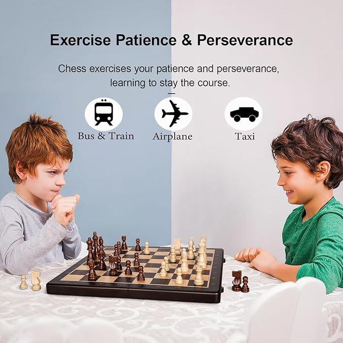 2 in 1 Wooden Magnetic Chess Set & Checkers Board Game-15'' Foldable Chess Board for Adults & Kids-Portable Travel Chess Set with Pieces Storage Slots-2 Extra Queens-Beginner Chess Board Game