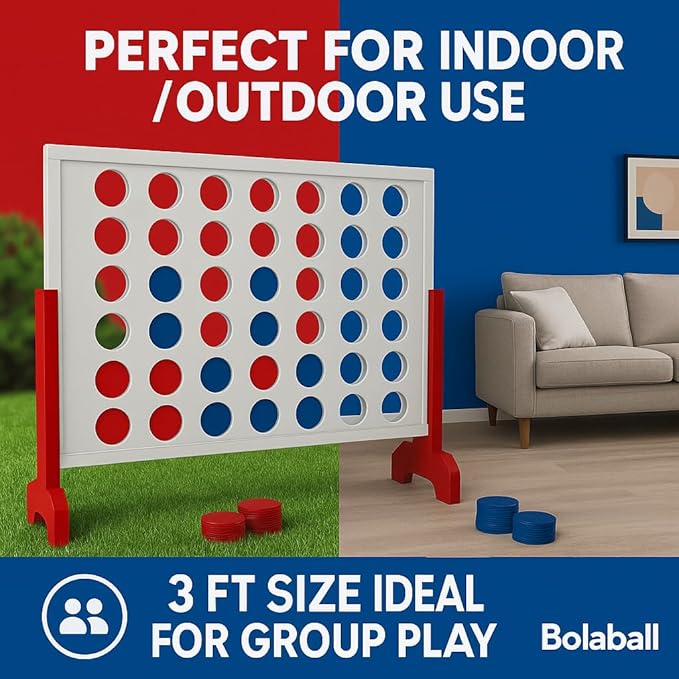 Bolaball Giant Wooden 4-in-a-Row Game – 4FT Jumbo Connect Game for Kids & Adults, Indoor & Outdoor Fun, Durable Design for Family Gatherings, BBQs, Parties & More