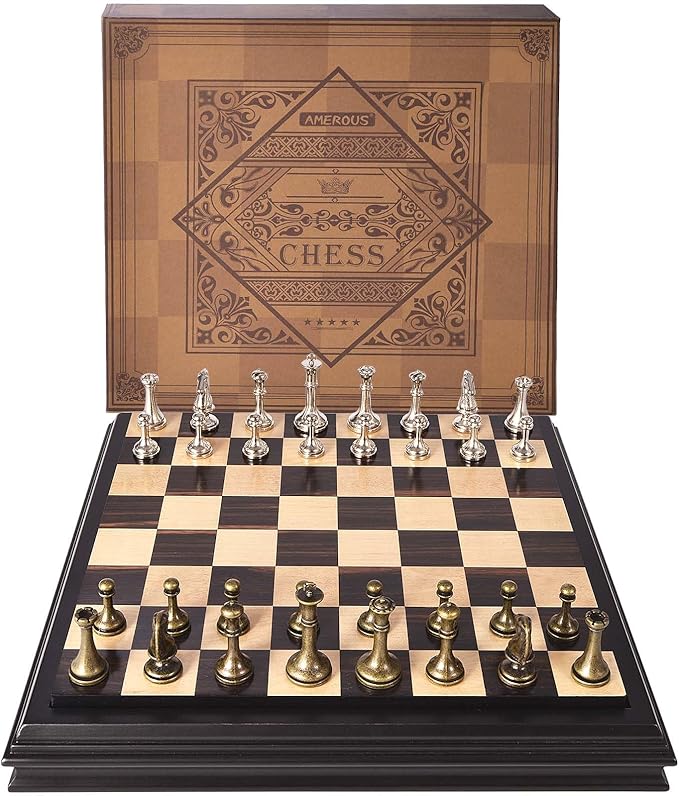 AMEROUS 12.5 inches Wooden Chess Set with Metal Chess Pieces，Classic Board Game w/ 2.5'' King/Storage for Chessmen/Instructions, Chess Sets for Adults, Kids, Beginner
