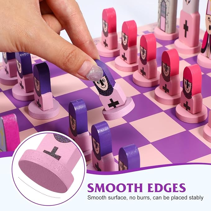 TOYANDONA Wooden Chess Set, 11.8 inch Cartoon Travel Chess Set Pink Chess Board Game Set with Cute Chess Pieces for Kids and Adults