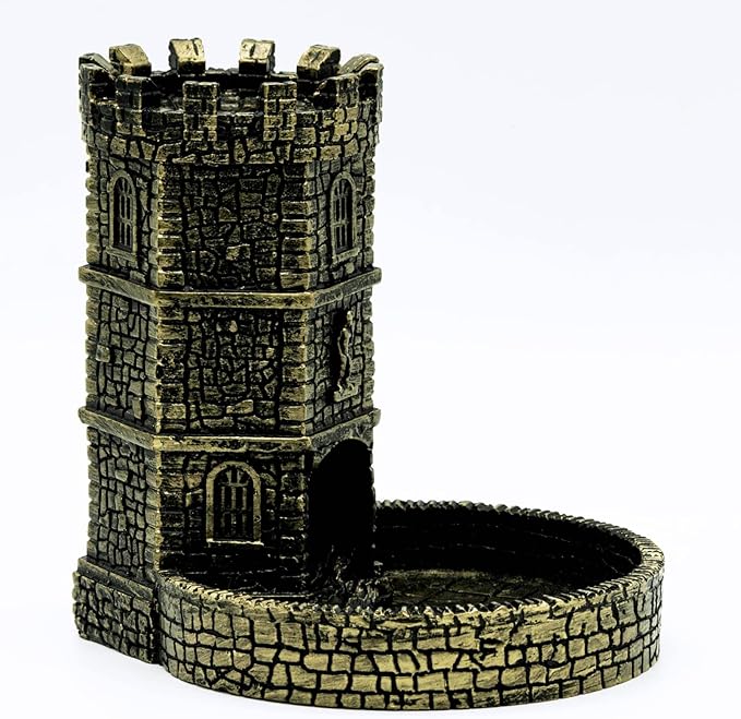 D&D Dice Tower with Tray, Castle Wall Carving DND Dice Rolling Tray for Dungeons and Dragons | Easy Roller Perfect for Board Game, D&D and RPG, (Ancient Golden)