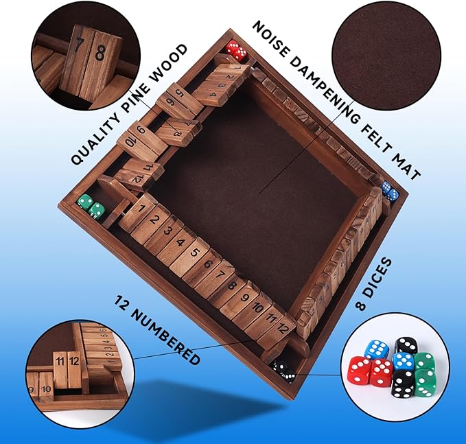 GSE Games & Sports Expert 1-4 Player Wooden Shut The Box Board Game with 8 Dice. 4-Way 12 Numbers Shut The Box Dice Set of Popular English Pub Board Game - Walnut
