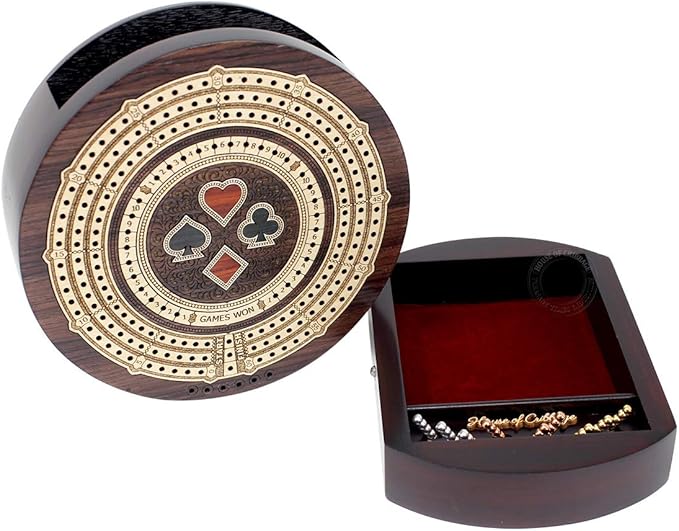 Round Shape 3 Track Non-Continuous Cribbage Board - Push Drawer Storage for Pegs and 1 Deck of Cards with Score Marking Fields for Won Games (Rosewood/Maple Wood)