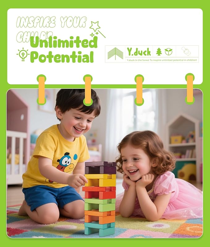 Tumble Tower Game – 54 pcs Wooden Blocks Stacking Game for Kids and Adults, Classic Family Board Game for Indoors Outdoors, Classic Size Timber Stacking Game Night Toy, Perfect for Party, Family Fun