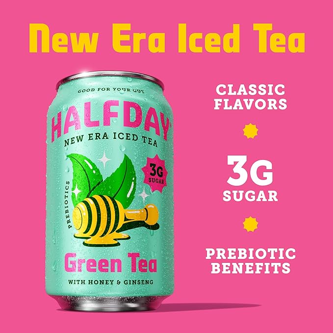 HALFDAY Prebiotic Green Tea with Honey & Ginseng, Supports Digestive & Gut Health, 6g Plant Fiber, Low Sugar, 30 Calories, Natural Caffeine, Gluten Free, 12 fl oz (12 pack) Packaging May Vary
