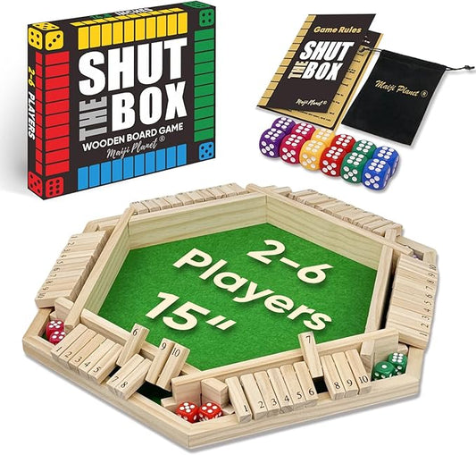 Large Shut The Box for 2 6 Player Math Family Game Night Quick Dice Game for Party Camp Bar Travel Class School Wooden Classic Table Top Board Game for Adult and Kid Group Elder 15"