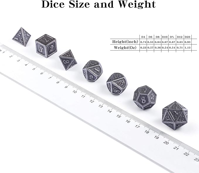 DnDnD Acient Silver Metal DND Dice Set, 7PCS D&D Metal Dice with Metal Case for Dungeons and Dragons, Shadowrun, Pathfinder, Savage World and Table Games