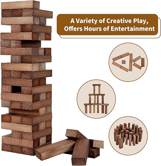 ApudArmis 54 PCS Tumble Timber Set Stack to 3FT, Pine Wooden Tumble Tower Game with Dice and Scoreboard Set - Classic Block Stacking Board Game for Teens Children Teenagers (Brown)