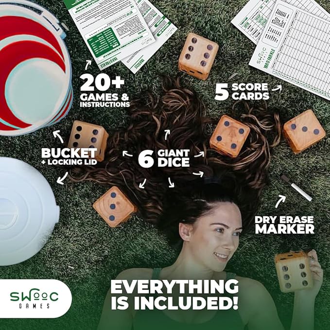 SWOOC Games - Yardzee, Farkle & 20+ Games - Classic Red Shaker Edition (All Weather) - Yard Dice Game Set with Red Collapsible Bucket, Lid, 5 Big Laminated Score Cards & Marker - Outdoor Yard Game