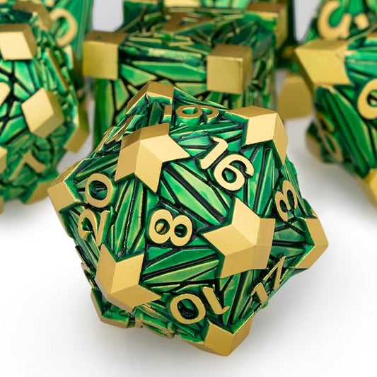 Metal DND Dice Set with Box, Debris RPG Green Golden D and D Dice for use with D&D Tabletop Games Role Playing Game Polyhedral Dice Set D20 D12 D10 D8 D6 D4