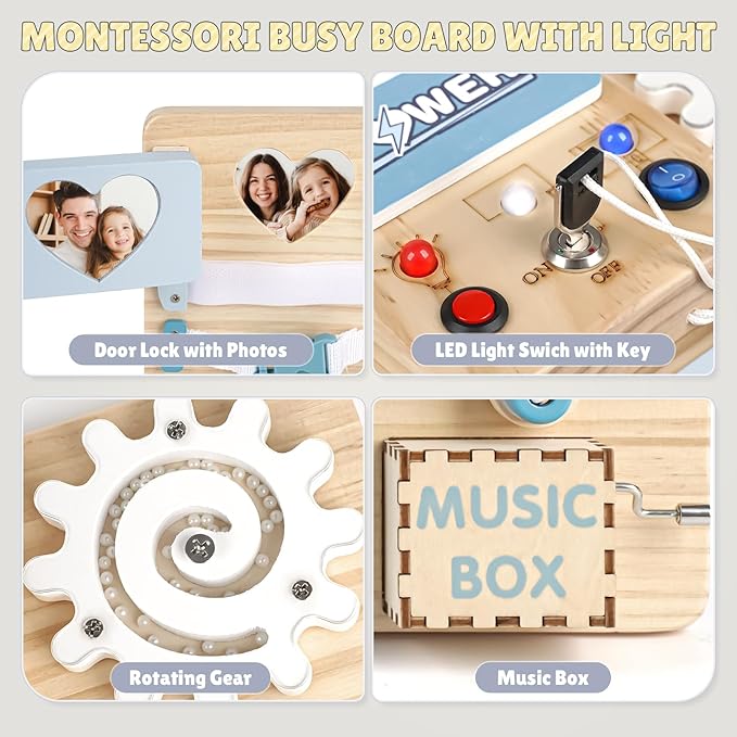 Joyreal Busy Board Montessori Toys with LED Lights, Autism Sensory Travel Toys, Fidget Board Ideal Gift for Boys Girls Wooden Toddler Toys