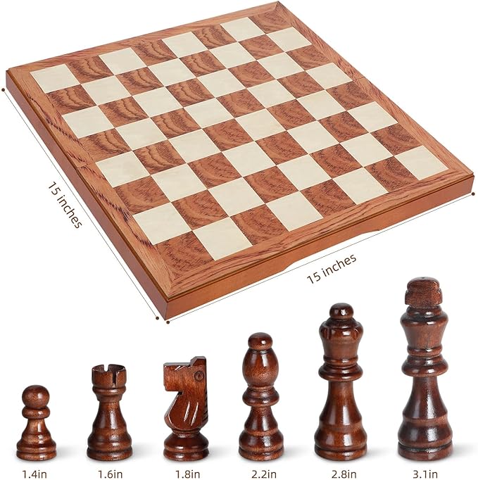 FanVince Chess Set 15" Wooden Board Game - Wood Sets with 2 Storage Bags and 2 Extra Queens - Gifts Box for Men Dad