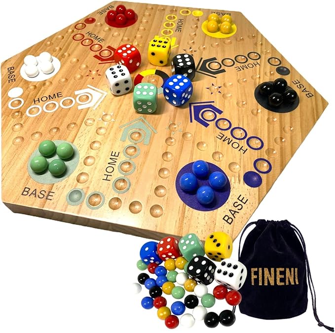 Wooden Board Games, Marble Board Game Original with Dual Sides Fast Track Games for 2 to 6 Players, Double Side Marble Boards, 6 Colors 30 Marbles and 6 Color 6 Dice, Pouch (20" Log)