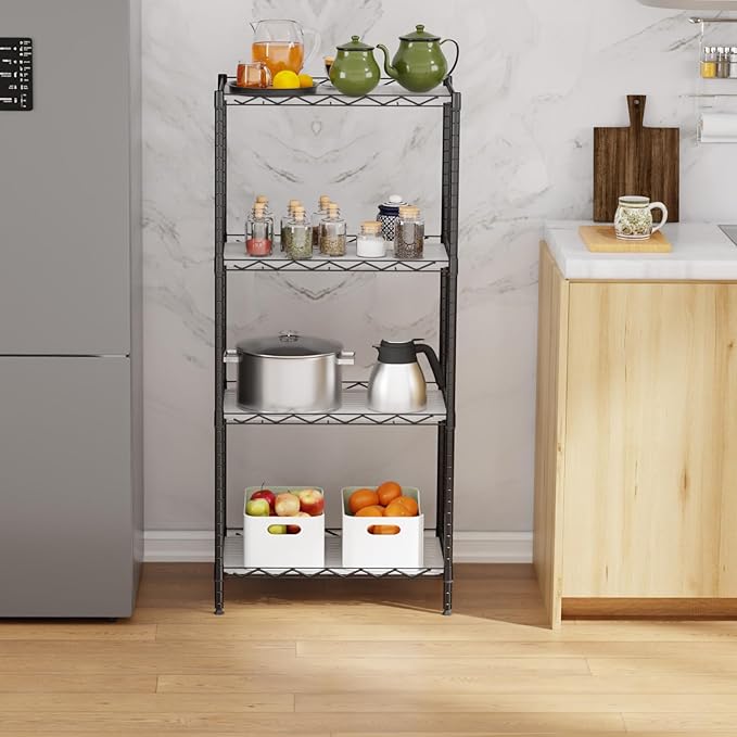 4-Tier Wire Shelving Unit 600 lbs Weight Capacity Storage Shelves Metal Frame Garage Shelves Easy Installation Metal Shelves for Home Kitchen Garage Pantry, 12" Dx18 Wx44 H, Black