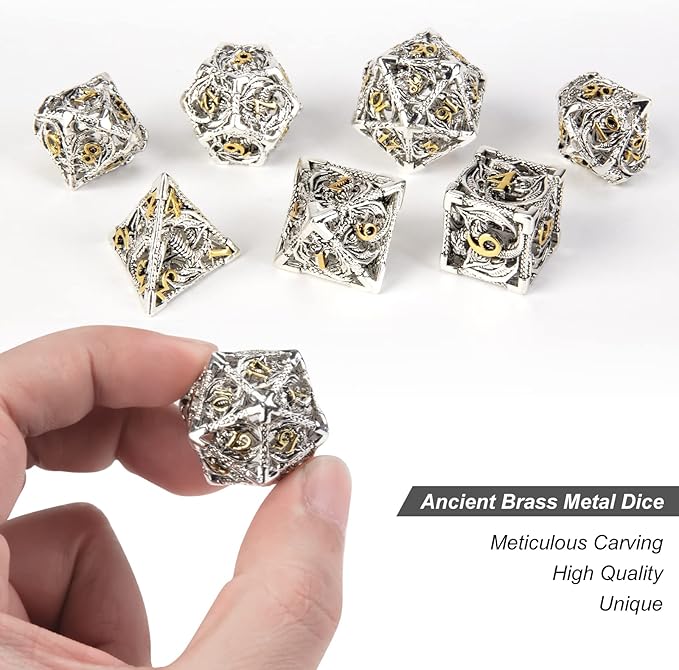 DND Dice,Hollow D&D Metal Dice,Dungeons and Dragons Dice Set with Gift Box,7 PCs Steampunk Polyhedral Dice Games Set for RPG,MTG,Pathfinder,(Dragon Silver Golden)
