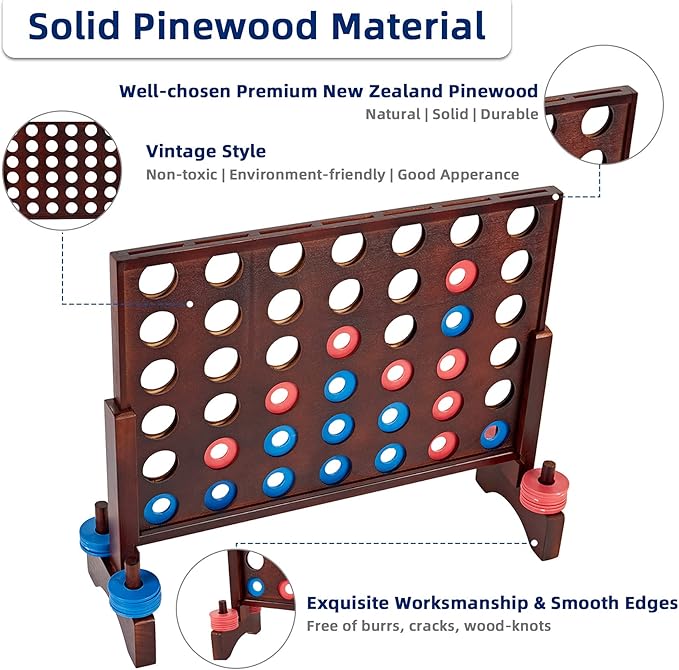 Giant Wooden 4 in A Row Game - Fun Indoor and Outdoor Board Games for Teens, Includes 42 Pcs Dics and Carrying Bag