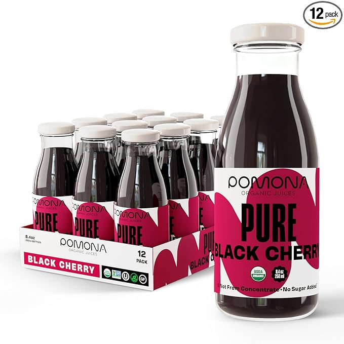 Pomona Organic Pure Black Cherry Juice, Cold Pressed Organic Juice, Non-GMO, No Sugar Added, Not from Concentrate, Gluten Free, Kosher Certified, Preservative Free 8.4 Ounce (Pack of 12),