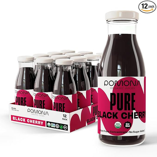 Pomona Organic Pure Black Cherry Juice, Cold Pressed Organic Juice, Non-GMO, No Sugar Added, Not from Concentrate, Gluten Free, Kosher Certified, Preservative Free 8.4 Ounce (Pack of 12),