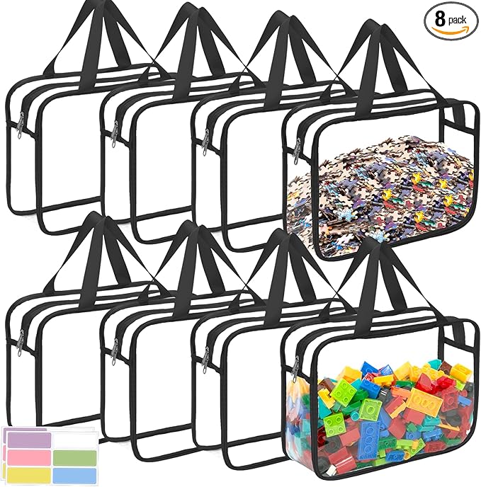 8 Packs Large Toy Storage Bags with Zipper and Labels, Clear PVC Waterproof Toy Organizers Bags for Board Games, Puzzles Pieces, Building Blocks, Handmade Accessories, Kid Books