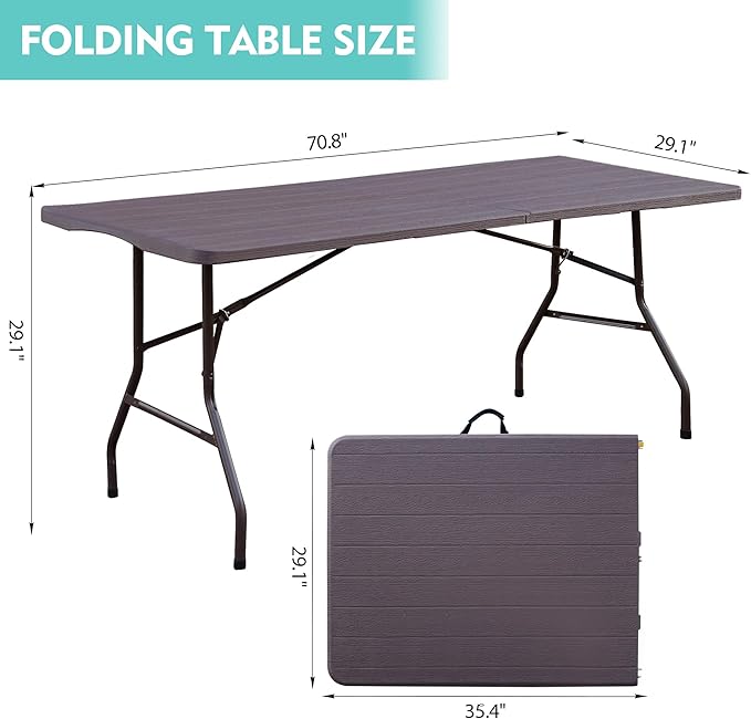 Foldable Table, Plastic 6FT Folding Table, Indoor Outdoor Portable Utility Table with Handle for Party, Camping and Picnic, Brown