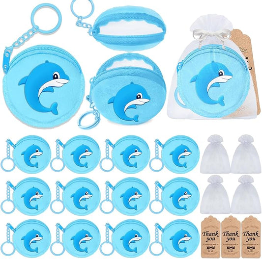 36 Pack Dolphin Change Purses Set Include 12 Dolphin Wallets with Keyring, 12 Thank You Tags and 12 Organza Bags for Dolphin Ocean Sea Animals Under the Sea Party Supplies,Blue