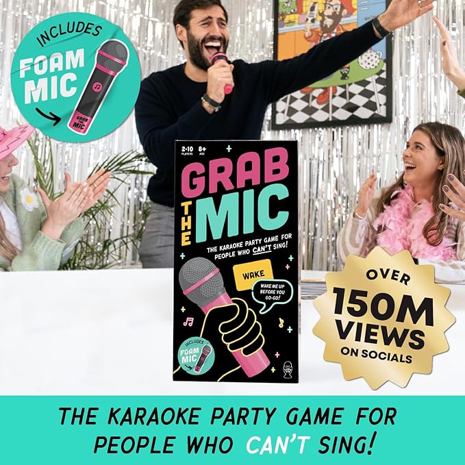 Lucky Egg Official Grab The Mic – Family Karaoke Game, 8+ Year Olds, 2-10 Players - Board Game for Bad Singers with 250 Lyrics (125 Cards) for Hilarious Game Nights & Birthday Party, Kids Gift