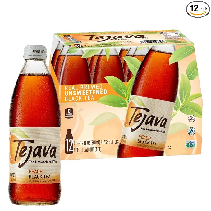 Tejava Peach Black Iced Tea, 12 Pack, 12oz Glass Bottles, Unsweetened, Non-GMO, Kosher, No Sugar or Sweeteners, No calories, No Preservatives, Brewed in Small Batches