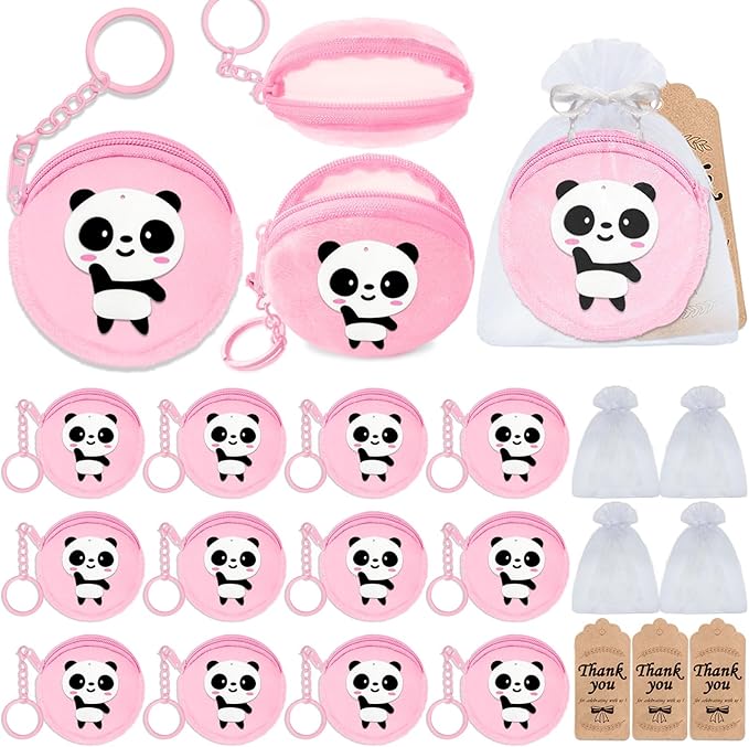 36 Pack Panda Change Purses Set Include 12 Wallets with Keyring,12 Thank You Tags and 12 Organza Bags for Panda Lover, Panda Themed Jungle Safari Animals Birthday Party,Pink