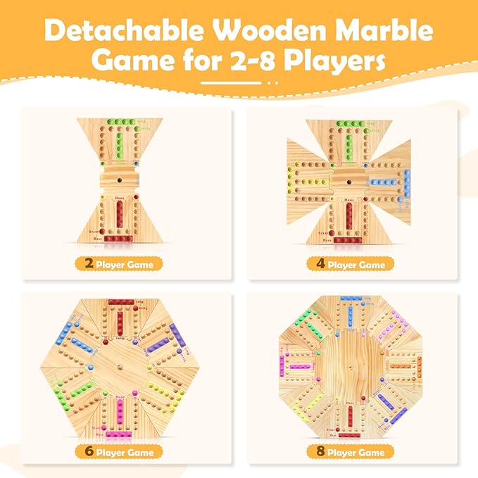 Marble Game Board Wooden, 24" Large Size Detachable Fast Track Board Game for 2-8 Players, Classic Marble Game with 32 Marbles and 8 Dices for Family, Friends, Party Night
