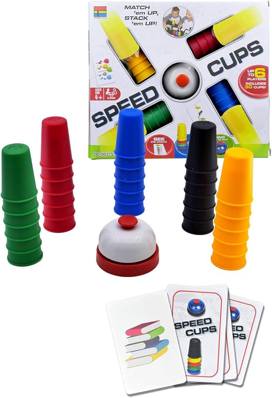 Quick Cups Game for Kids - Classic Speed Stacking Game with 24 Picture Cards, 30 Colored Cups (6 Sets of 5 Colors Each), Bell & Instructions