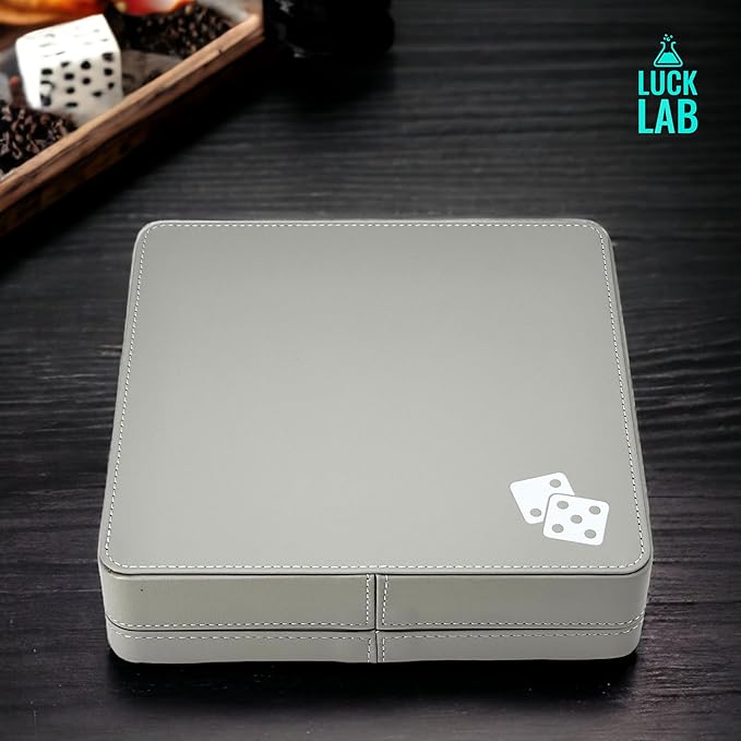 Luck Lab Farkle Dice Tray and Storage Case - Includes Embedded Scoring Combinations, 2 Sets of 6 Pearl Dice, 40 Sheet Score Pad and Pen Holder for The Classic Family Game (Grey and Turquoise)