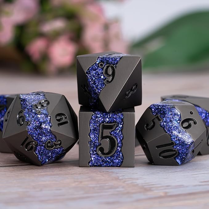 Metal DND Polyhedral Dice,Large Stripe Glitter Metallic Dice Set,Antique Silver Dice 7pcs Set for Role Playing Games(Pearl Gun Purple)