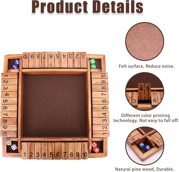 Shut The Box Dice Game-12 in Brown Design Retro 1-4 Players-8 Dice-Gift Package, Wooden Board Table Math Games for Adults Kids, Classics Tabletop Version and Pub Board Game