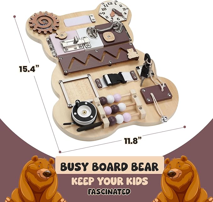 Busy Board Bear for Toddlers 1-3, Montessori Sensory Board - Busy Boards, Montessori Toys for Kid’s Development with 11 Activities: Numbers, Keys, Locks, Latches, Zipper, and Velcro