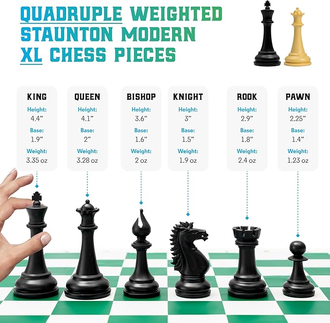 Best Chess Set Ever 4X Quadruple Weighted Tournament Chess Game (4.4" King) Large Staunton Modern Pieces, 20x20 Big Reversible & Foldable Silicone Mat, Professional Chess Board Set for Adults & Kids