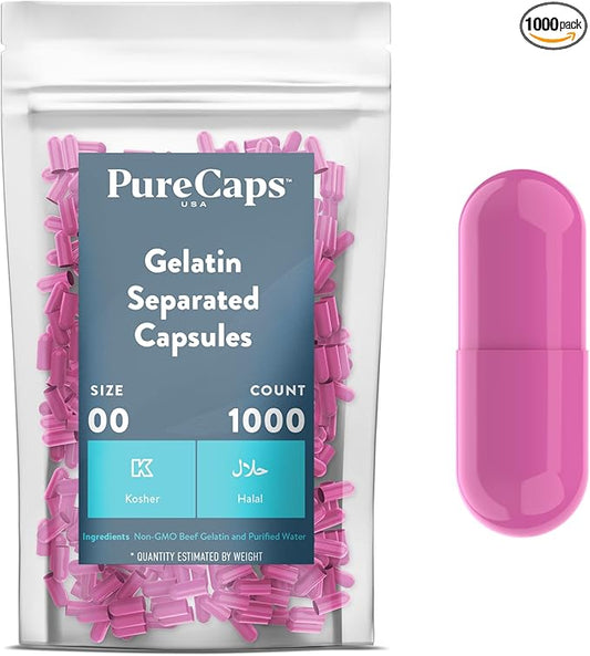 PureCaps USA - Empty Gelatin Pill Capsules Size 00| 1,000 Separated Pills| Pink| Non-GMO Certified | SLS, Gluten, Preservative Free