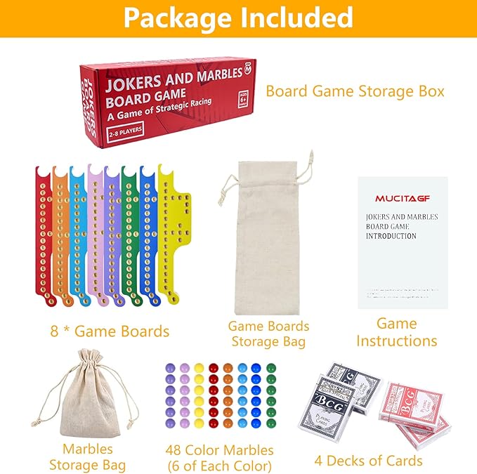 Jokers and Marbles Board Game Pegs and Jokers Card Game for 2-8 Players, Colorful Double-Side Painted Solid Wood Game Boards with 8 Color 48 Marbles 4 Decks of Cards Game Set