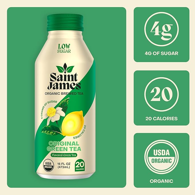 Saint James Iced Tea - Organic Green Tea - Non GMO, Gluten Free, Low Calorie & Low Sugar - Original Green Tea, 12 Pack (16 fl oz each)