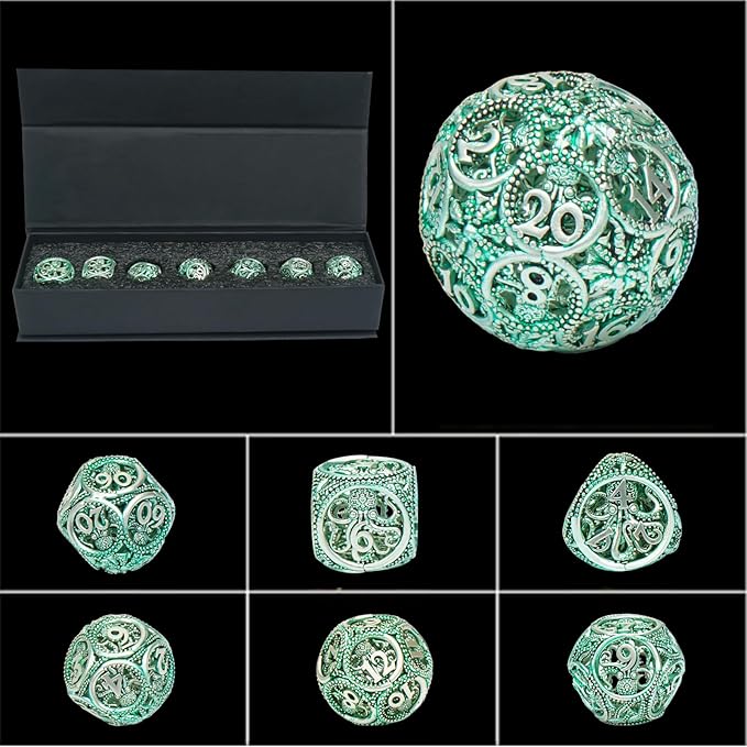 DND Dice,Hollow D&D Metal Dice,Unique Round Ball Design Octopus Dice with Gift Box for Dungeons & Dragon Gaming,7 PCs Steampunk Polyhedral D and D Dic(Octopus Green)
