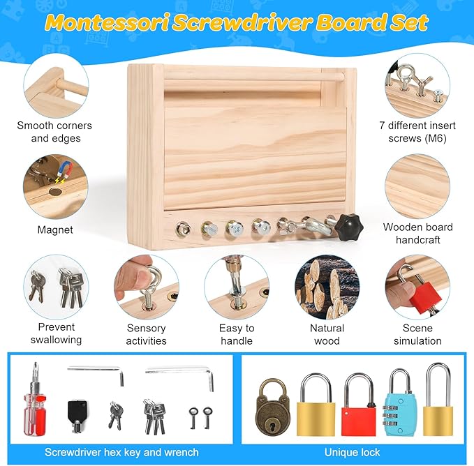 Montessori Screwdriver Board Set-Lock and Key Toy,Montessori Toys for 3 4 5 Year Old,Kids Tool Set,Preschool Learning Sensory - Fine Motor Skills - STEM Toys