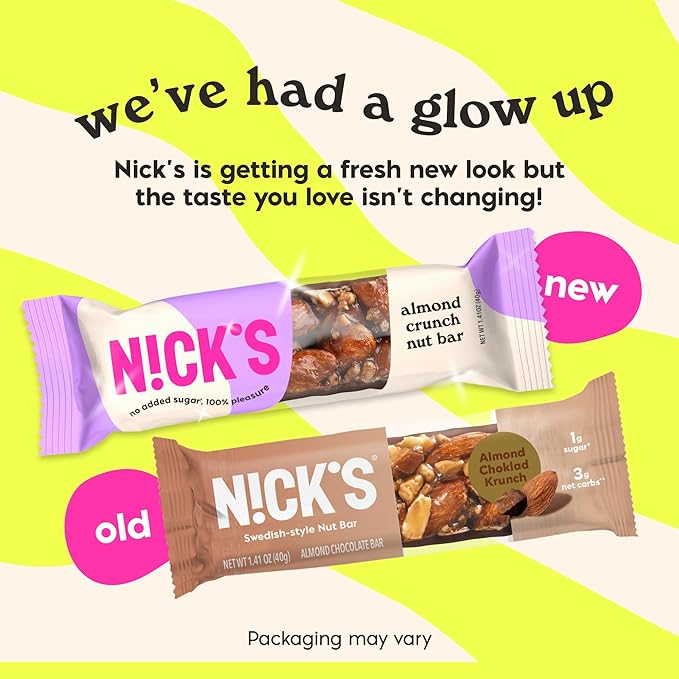 N!CK'S Nick's Keto Nut Bar, Almond Chocolate, Keto Nut Snack for Sports, Hiking & Outdoor Activities, 1G sugar, 3G net carbs, healthy snack, (pack of 12), 12.0 Count, 40.0 grams