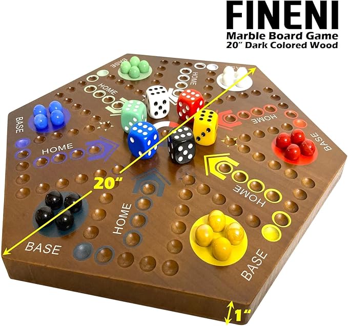 Wooden Board Games, Marble Board Game Original with Dual Sides Fast Track Board Game for 2 to 6 Players, Double Side Marble Game, 6 Colors 30 Marbles Set and 6 Color 6 Dice,Pouch (20" Dark)