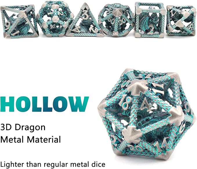 D&D Hollow Metal Polyhedral Dice Set for RPG and Tabletop Games - 3D Silver Blue