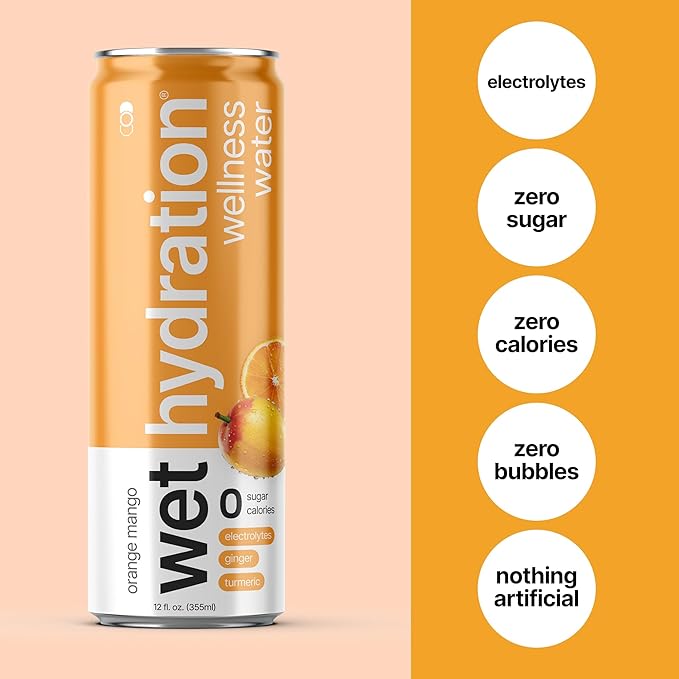 Wet Hydration - Functional Hydration Beverage - Flavored Water, Sugar-Free, Gluten-Free, No Artificial Ingredients (Orange Mango Ginger Turmeric)