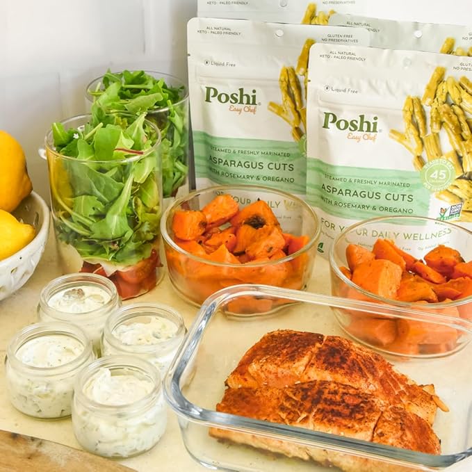 POSHI Marinated Asparagus Cuts with Rosemary + Oregano Natural, Keto, Vegan, Non GMO, Low Carb + Calorie, Gluten Free Ready to Eat Fully Cooked Vegetables, Pentry Food, Gourmet, Healthy 6 Pack, 4.4oz