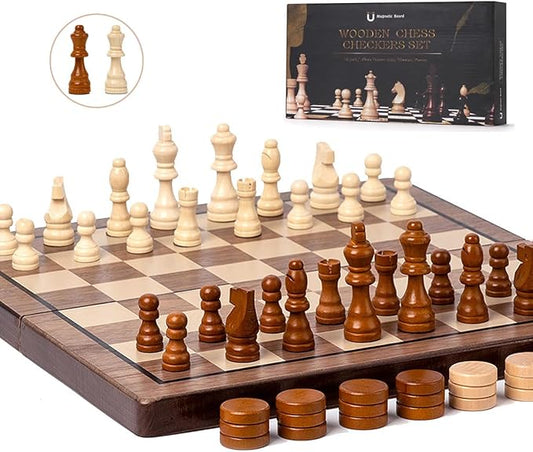 Chess Set 15'' Chess Board Wooden Magnetic Folding Chess Board Set for Adults & Kids Checkers Game for Kids Portable Travel Chess Game for Beginner 2 Extra Queens (Walnut Color)