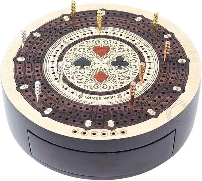 Round Shape 3 Track Non-Continuous Cribbage Board - Push Drawer Storage for Pegs and 1 Deck of Cards with Score Marking Fields for Won Games (Maple Wood/Rosewood)