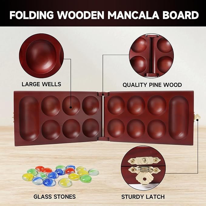 GSE Games & Sports Expert Folding Wooden Mancala Board Game with Multi-Color Glass Stones and Storage Bag, Portable Family Travel Strategy Games Set for Kids & Adults (Mahogany)