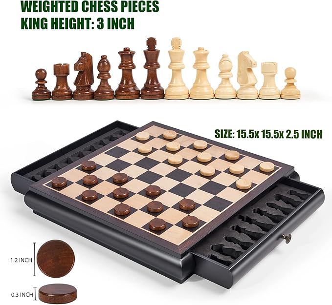 VAMSLOVE Wooden Chess Checkers Game Set 15.5" Large Size Board w/Storage Drawers, Weighted Chess Pieces - 2 Extra Queens 3" King, Gift for Birthday Housewarming Retirement - Black